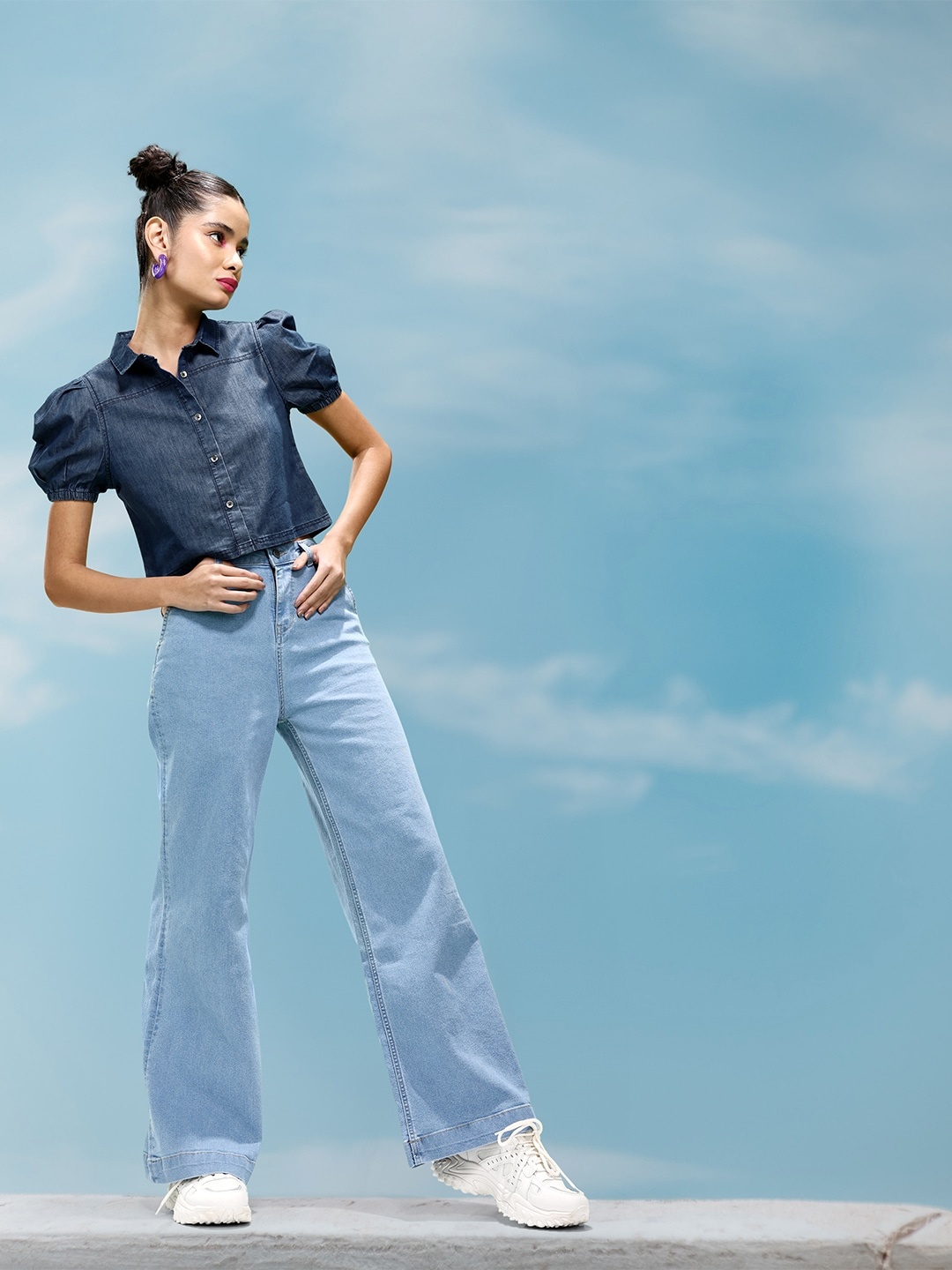 

DressBerry Indigo Blue Puff Sleeve Chambray Preppy College Cool Utility Shirt Style Top
