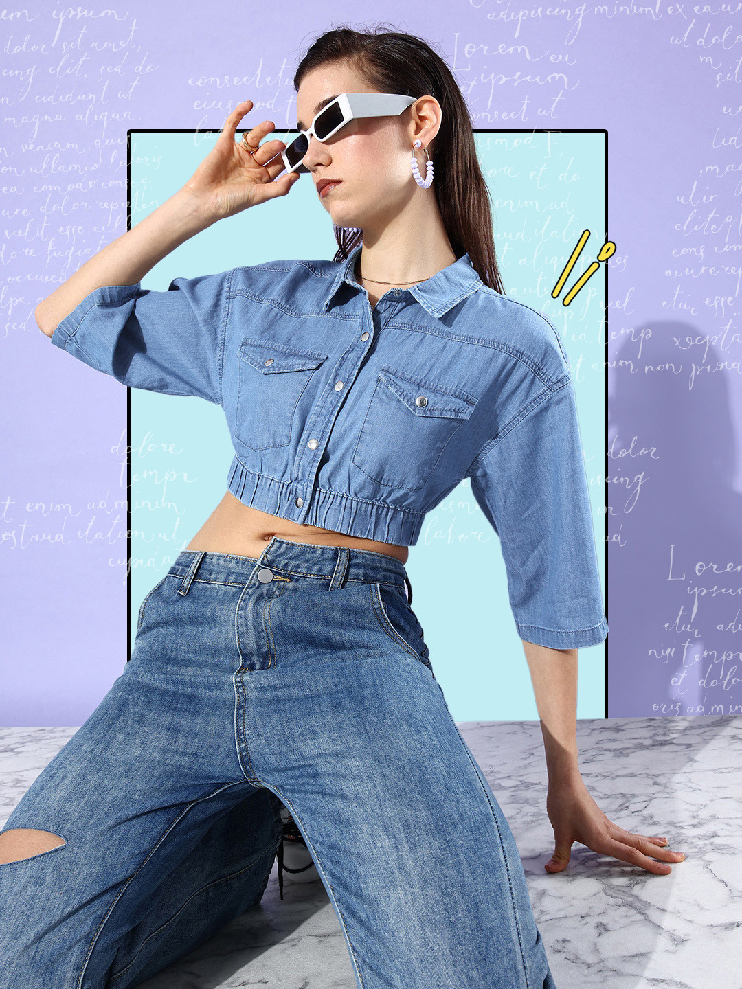 

DressBerry Ocean Blue Boxy Fit Pure Cotton Utility Cropped Casual Shirt
