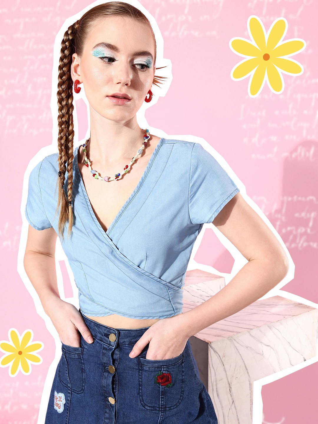 

4WRD by Dressberry Light Blue Chambray Preppy College Cool Wrap it up Crop Top