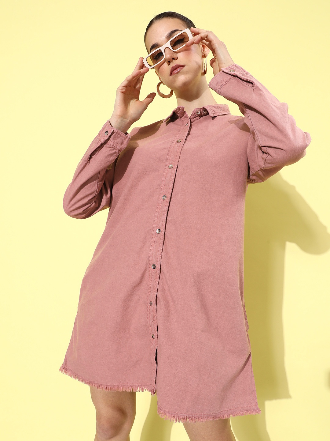

DressBerry Pure Cotton Denim Solid Long Sleeves Shirt Style Dress, Rose