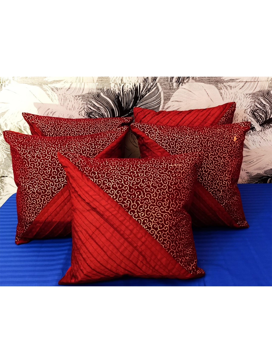 JDX Red & Beige Set of 5 Abstract Square Cushion Covers