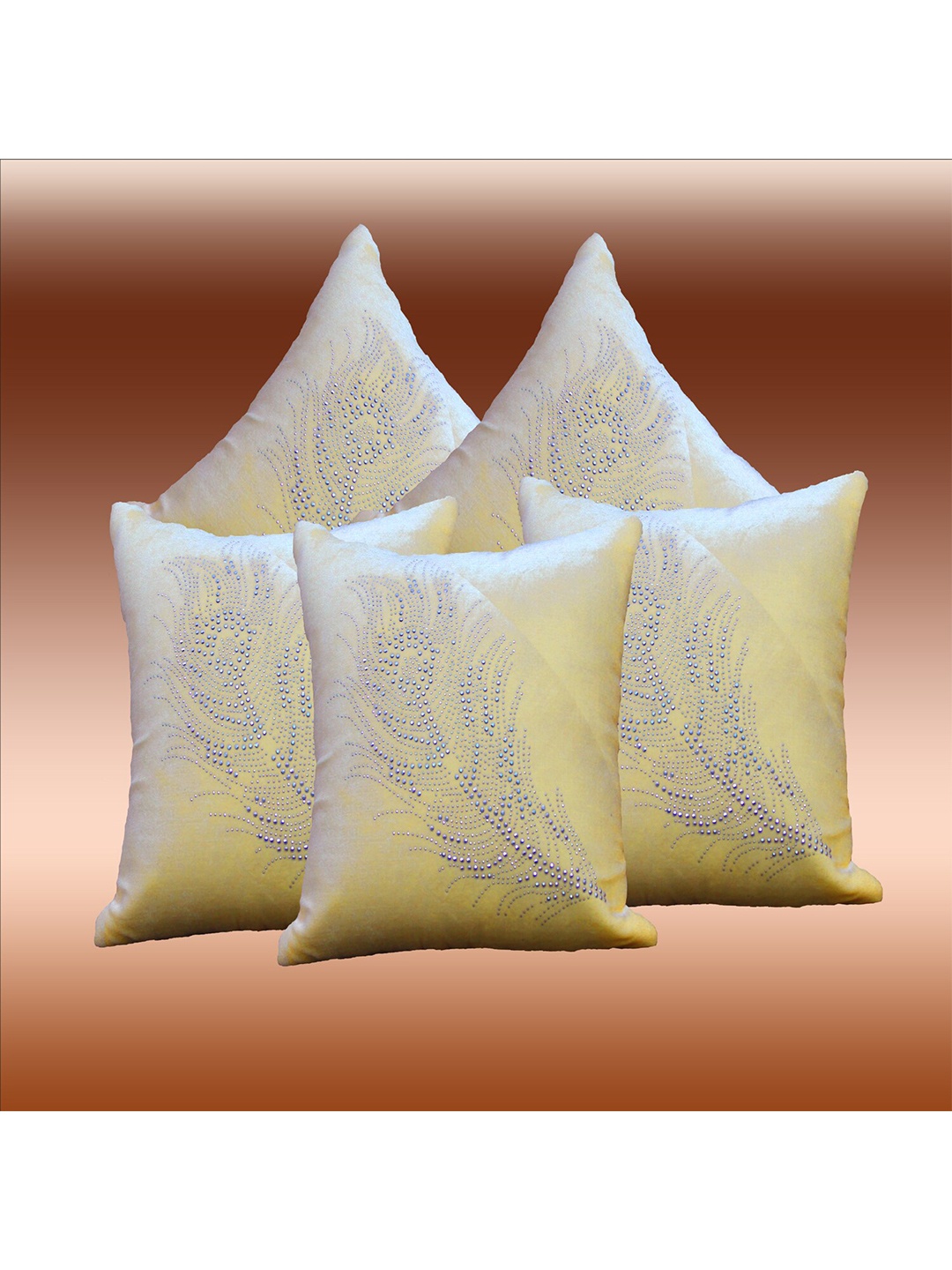 JDX Cream-Coloured & Silver-Toned Set of 5 Embellished Velvet Square Cushion Covers