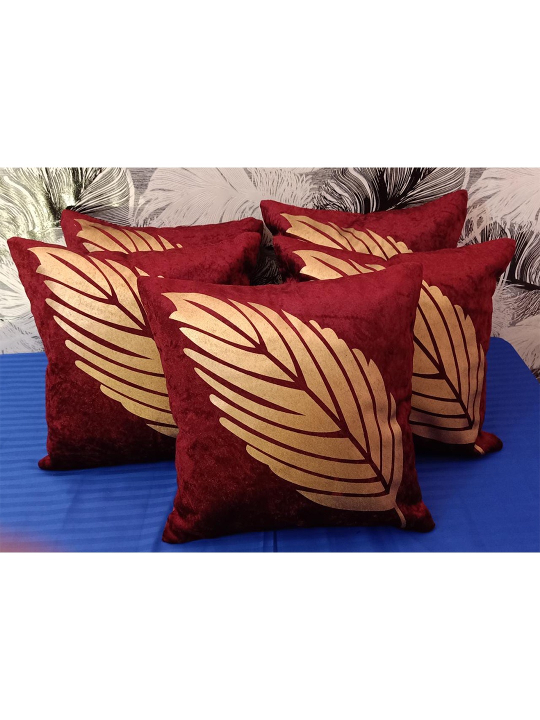 JDX Red & Beige Set of 5 Ethnic Motifs Velvet Square Cushion Covers
