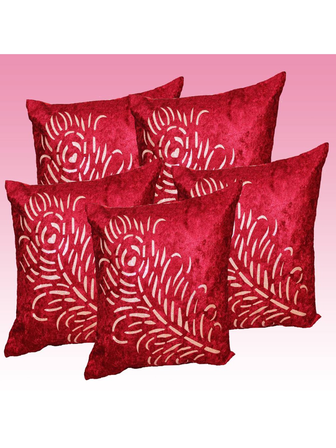 JDX Red & White Set of 5 Ethnic Motifs Velvet Square Cushion Covers