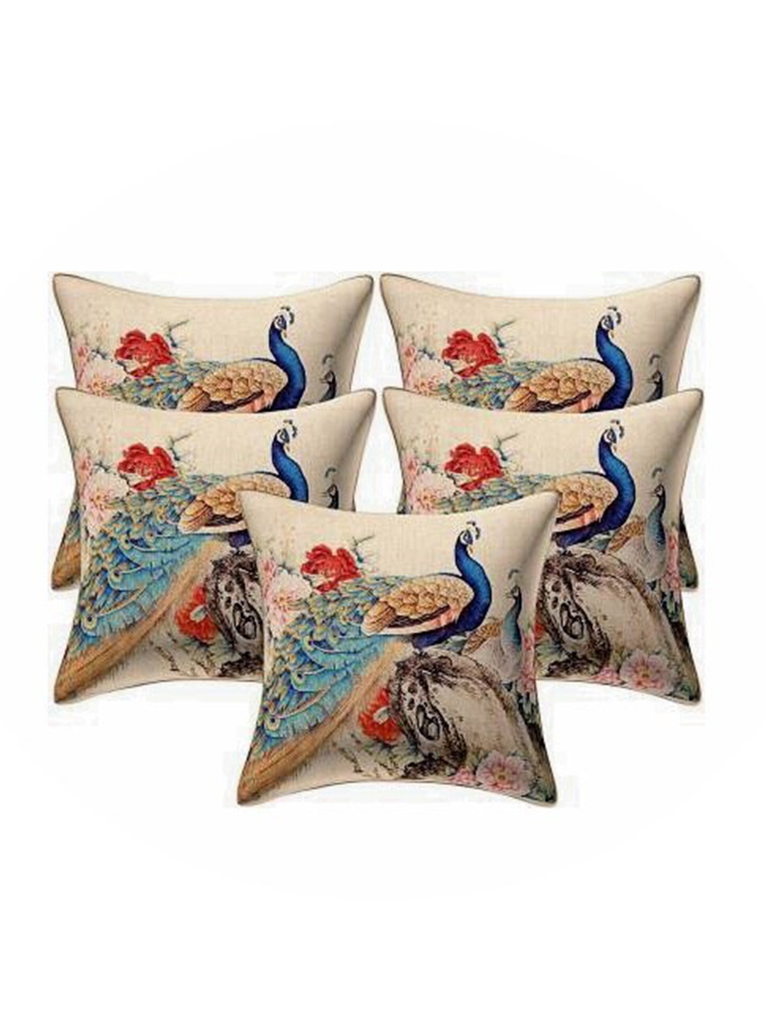 

JDX Adults Beige & Blue Set of 5 Peacock print Square Cushion Covers