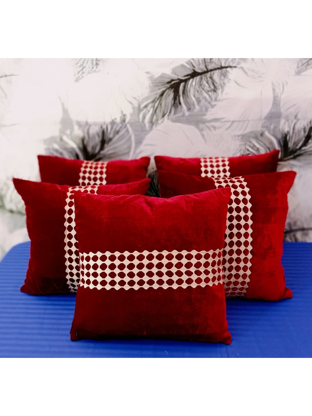 JDX Red & White Set of 5 Abstract Velvet Square Cushion Covers