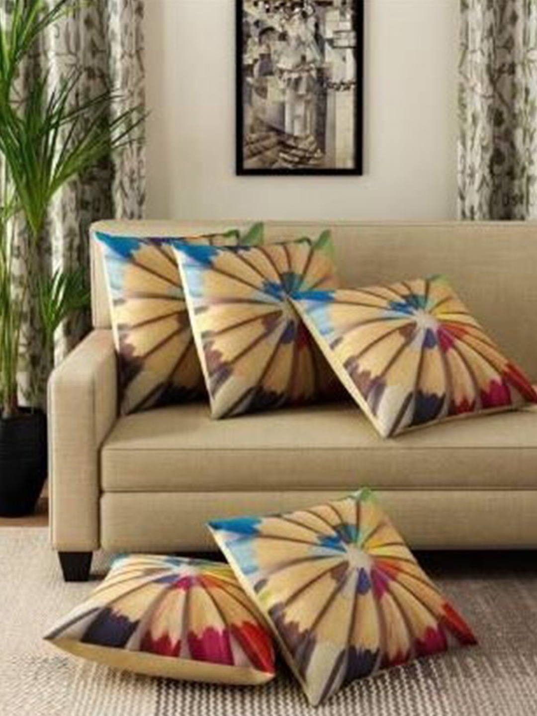 

JDX Beige & Blue Set of 5 Embellished Square Jute Cotton Cushion Covers