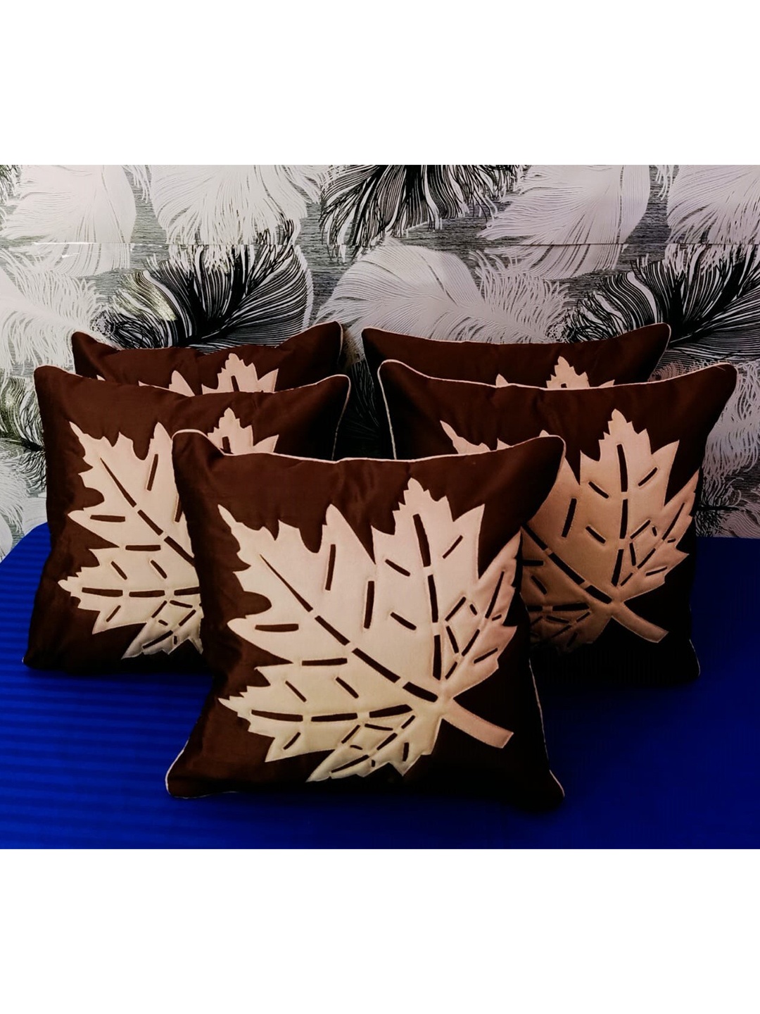 JDX Beige & Brown Set of 5 Floral Velvet Square Cushion Covers