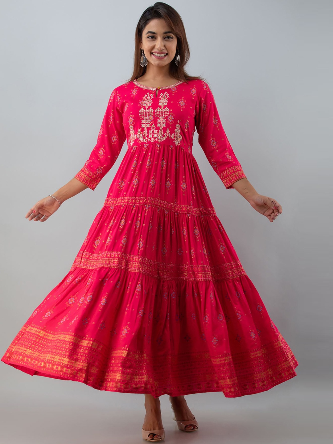 

FASHION DWAR Women Pink Embroidered Long Tiered Ethnic Dress