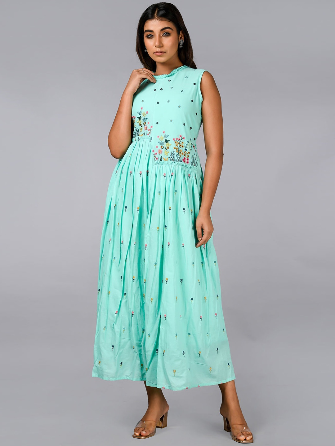 

FASHION DWAR Women Blue Embroided Cotton Maxi Ethnic Dresses