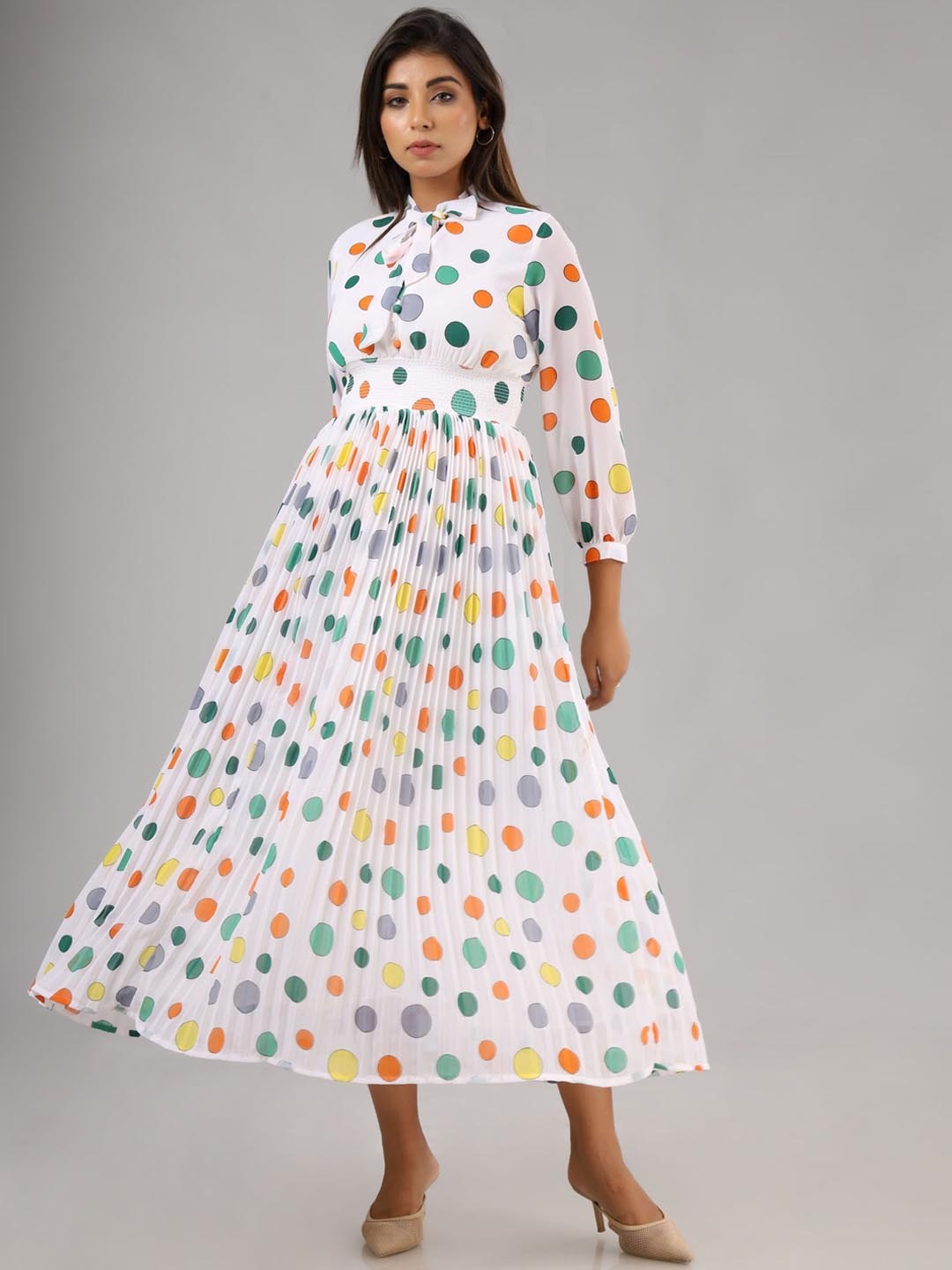 

FASHION DWAR White & Blue Tie-Up Neck Midi Dress