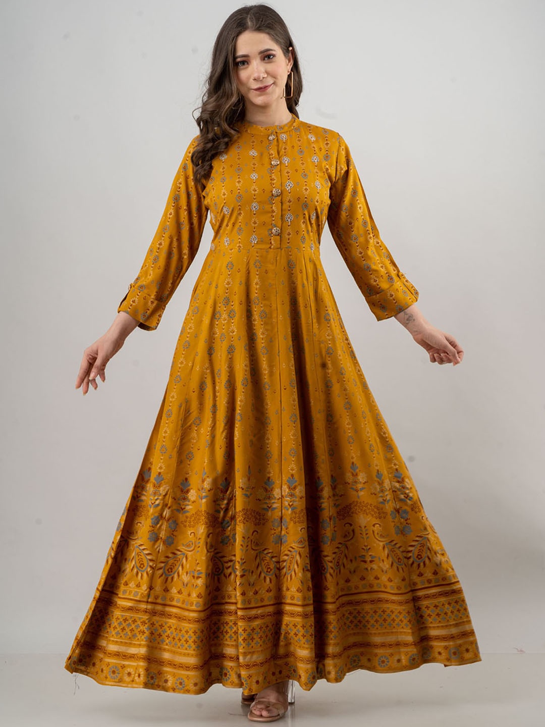 

FASHION DWAR Mustard Yellow & Blue Floral Printed Maxi Ethnic Dresses