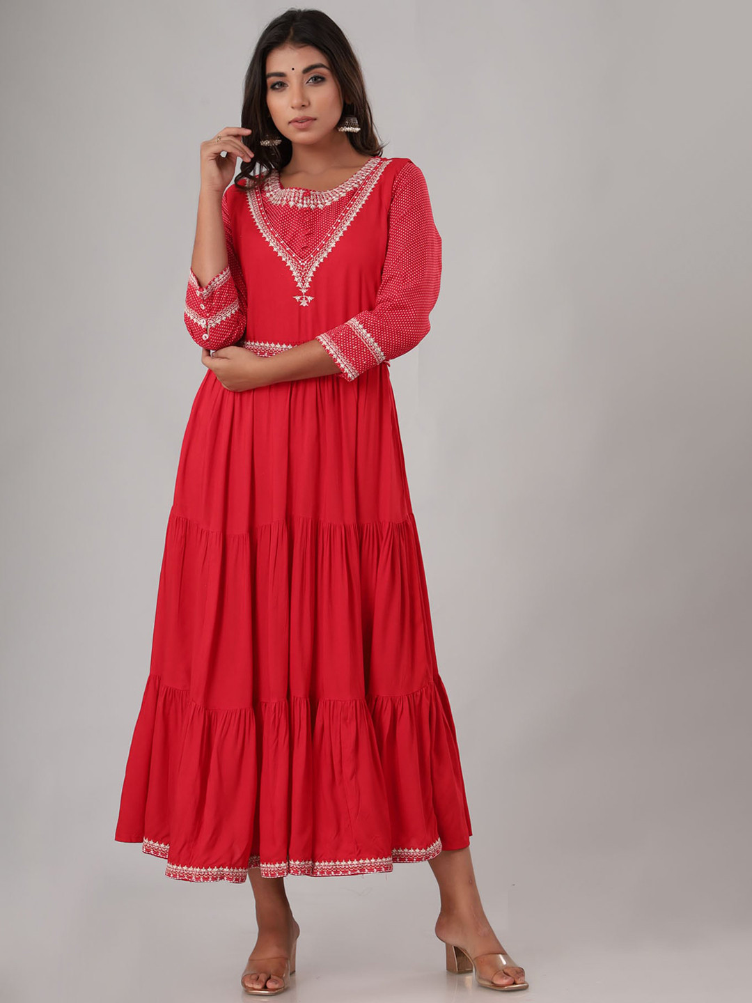 

FASHION DWAR Women Red Embroidered Cotton Maxi Long Ethnic Dress