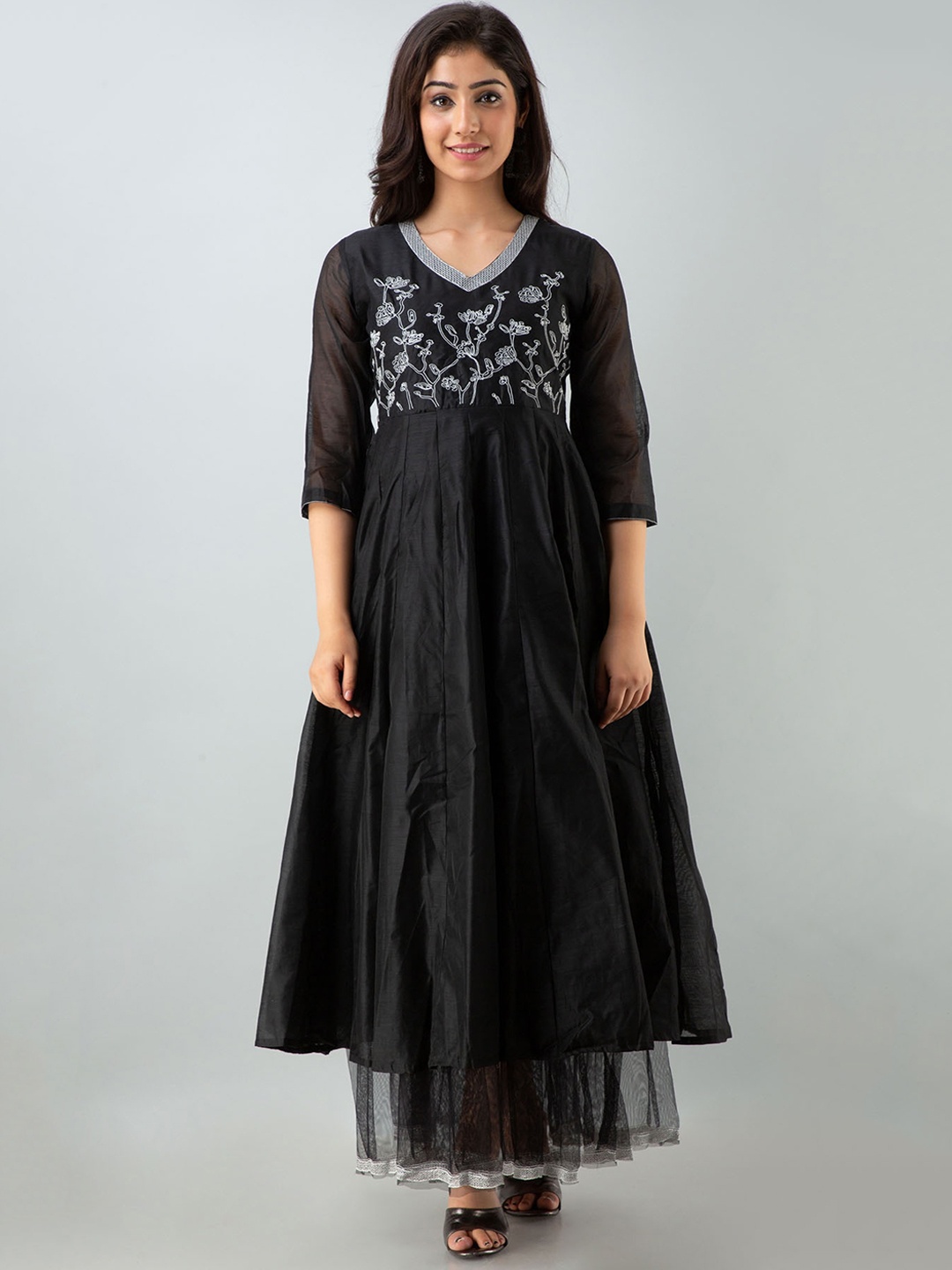 

FASHION DWAR Black Floral Embroidered Net Ethnic Cotton Maxi Dress