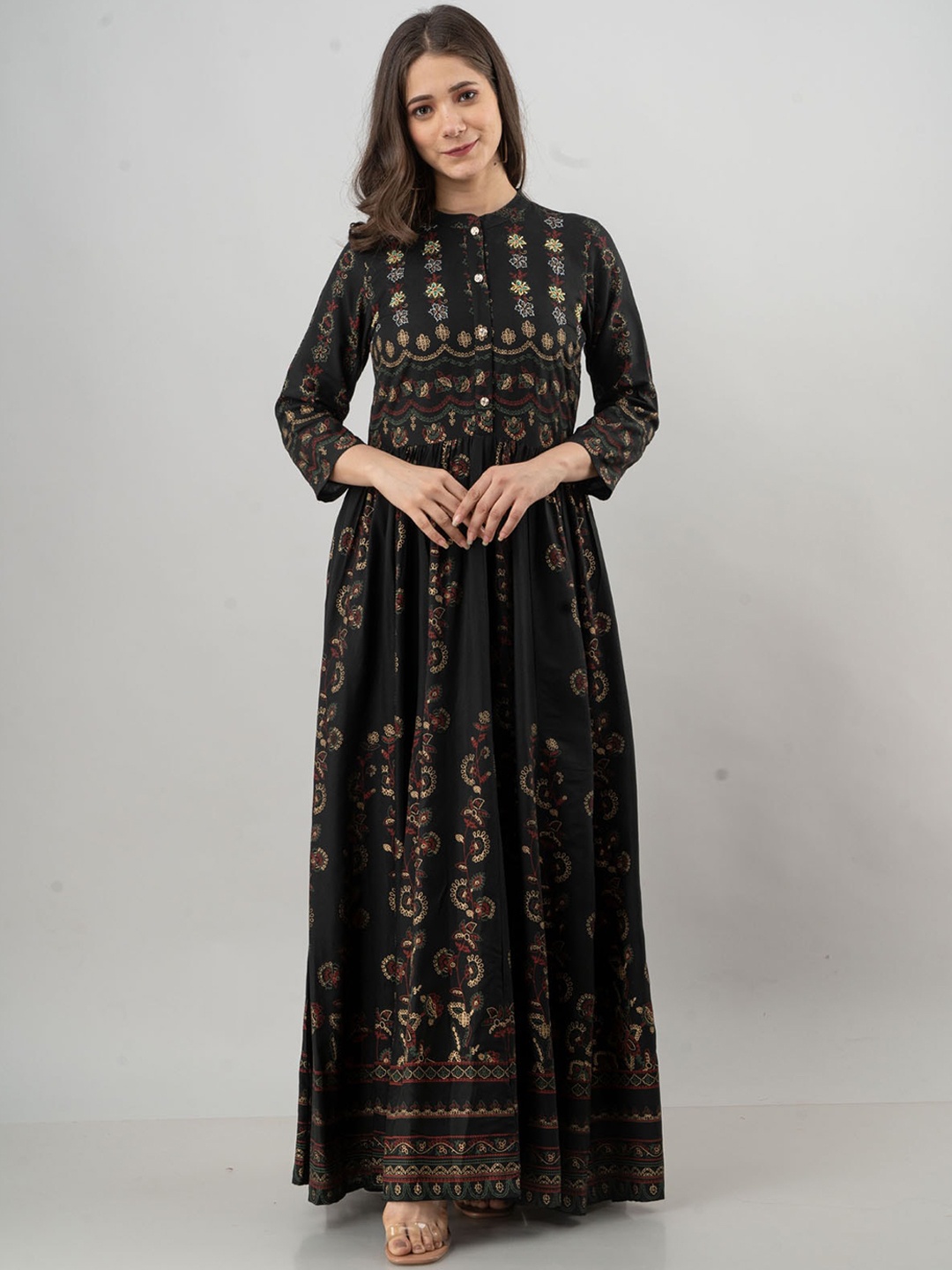 

FASHION DWAR Women Black Printed Maxi Ethnic Dresses