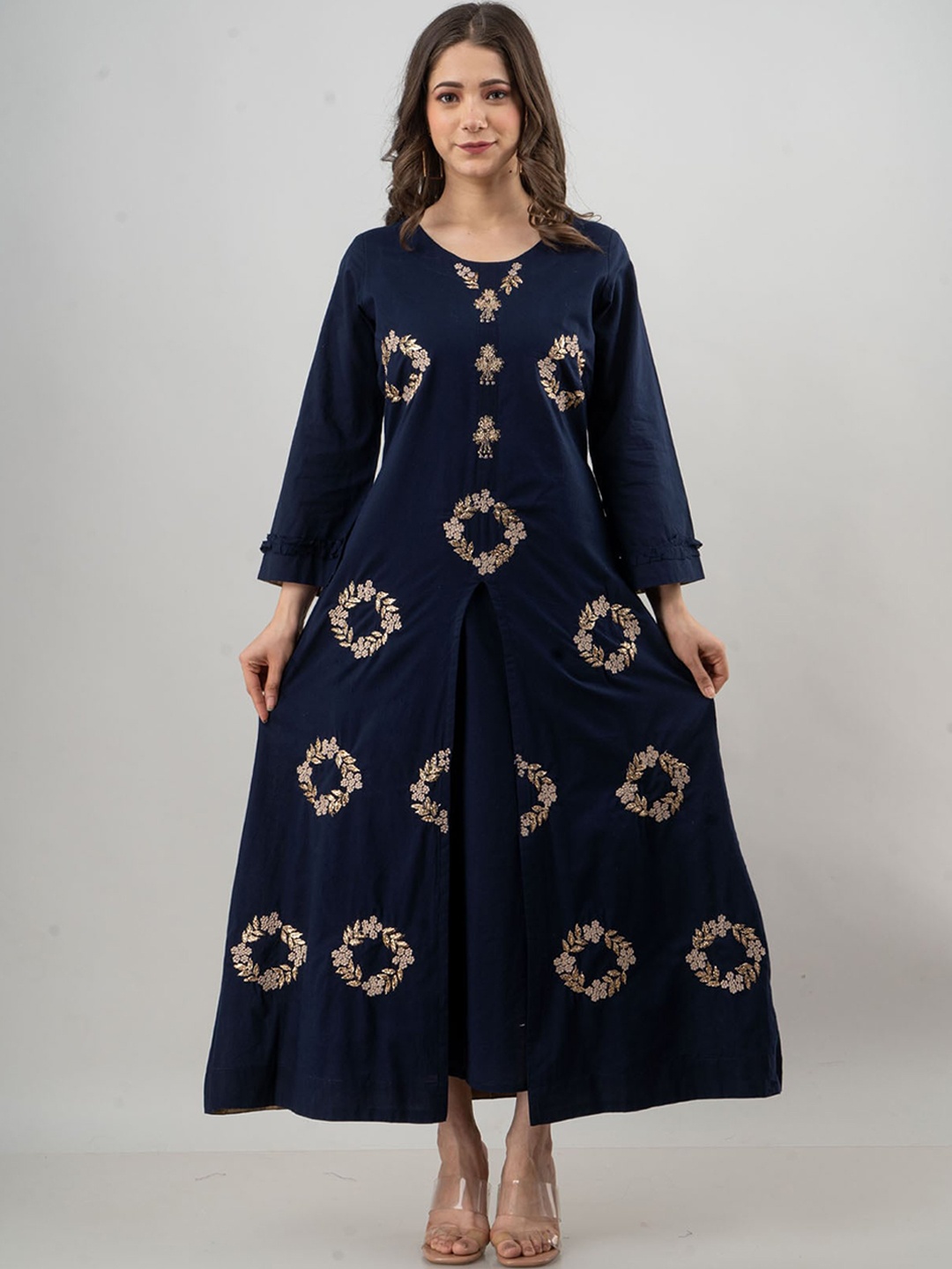 

FASHION DWAR Women Navy Blue Embroidered Maxi Long Ethnic Dress