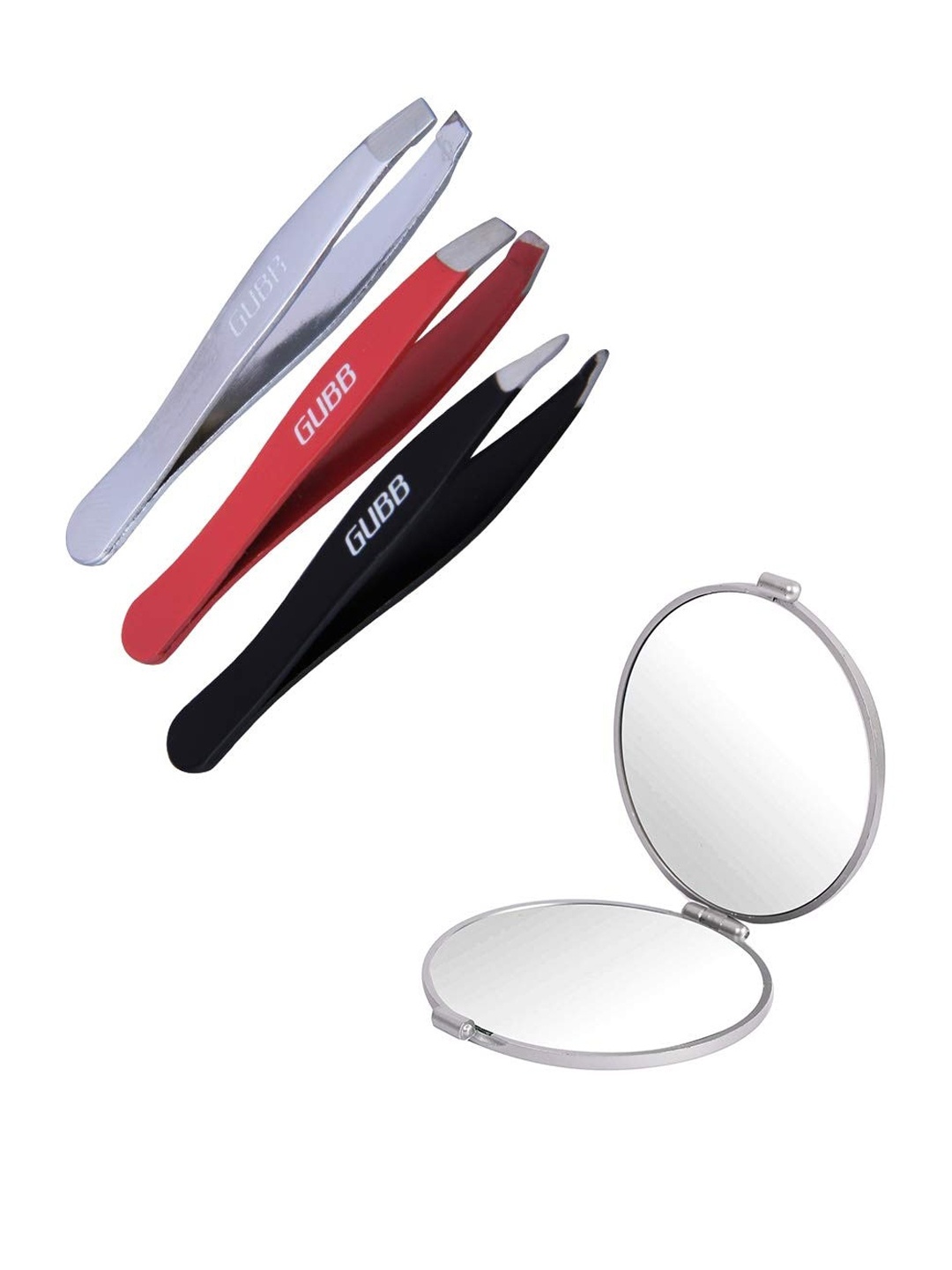 

GUBB Pack Of 4 Compact Mirror & Trio Mini Tweezer Set For Eyebrows, Steel