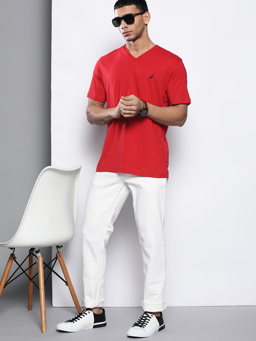 

Nautica Red Pure Cotton V-Neck Slim Fit Knitted T-shirt