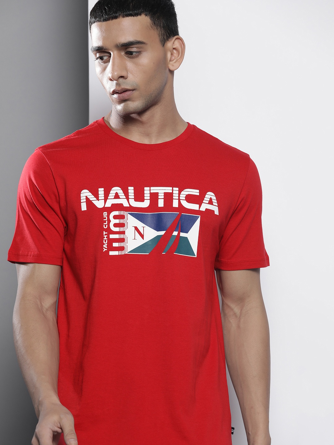 

Nautica Men Red & White Brand Logo Printed Pure Cotton T-shirt