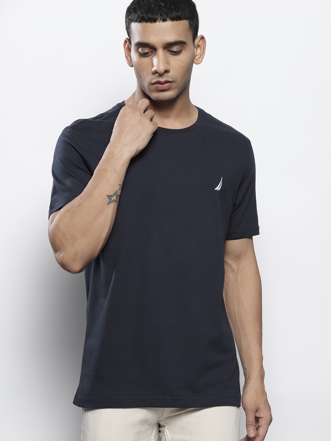 

Nautica Men Navy Blue Pure Cotton Slim Fit T-shirt