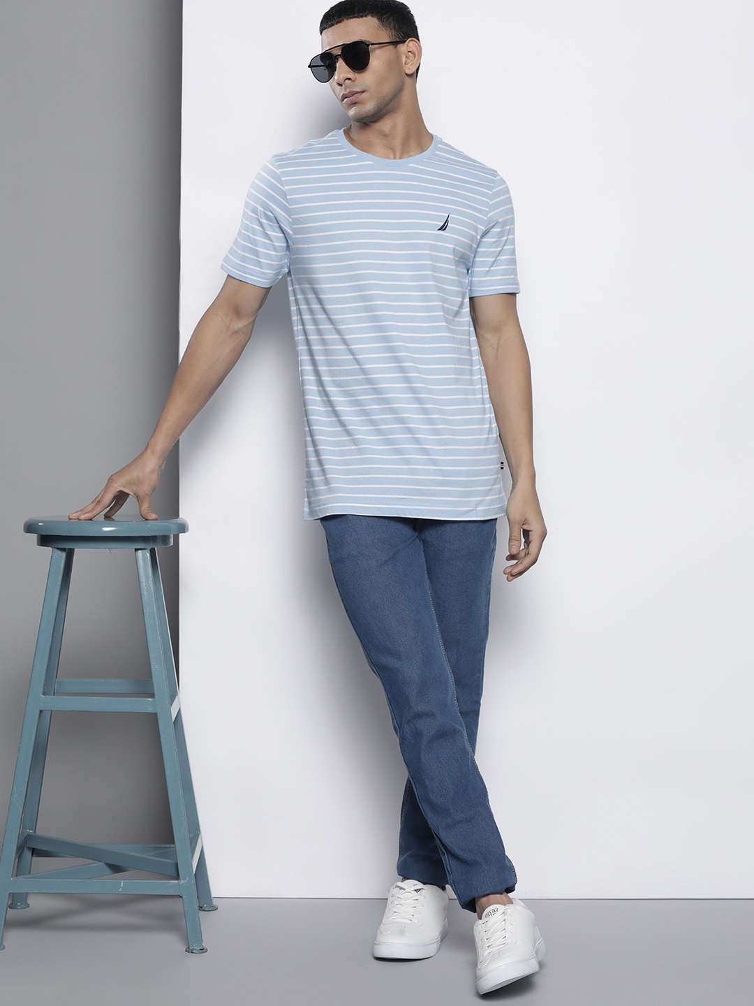 

Nautica Blue & White Striped Pure Cotton Slim Fit T-shirt