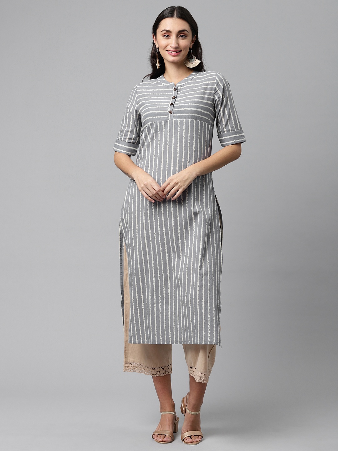 

MALHAAR Women Grey & White Striped Pure Cotton Kurta