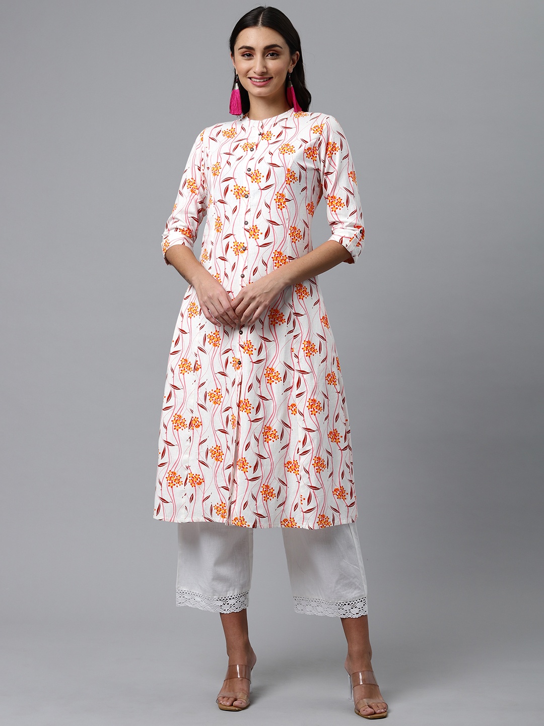 

MALHAAR Women Orange & White Floral Printed Pure Cotton Kurta