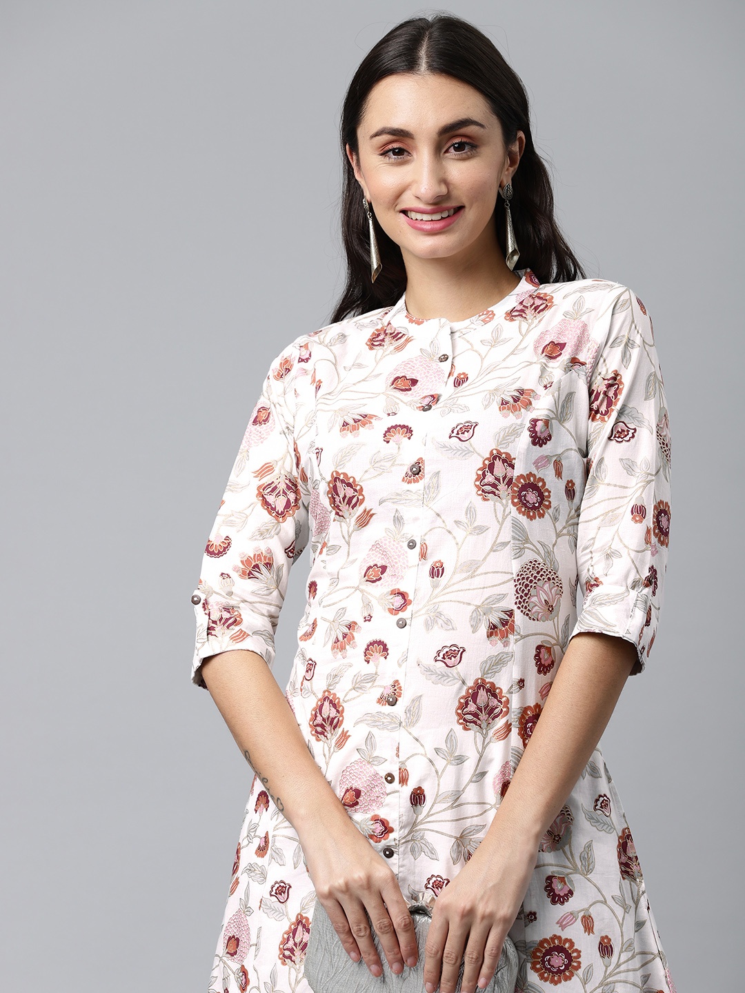 

MALHAAR Women Off White & Rust Orange Floral Printed Pure Cotton Kurta