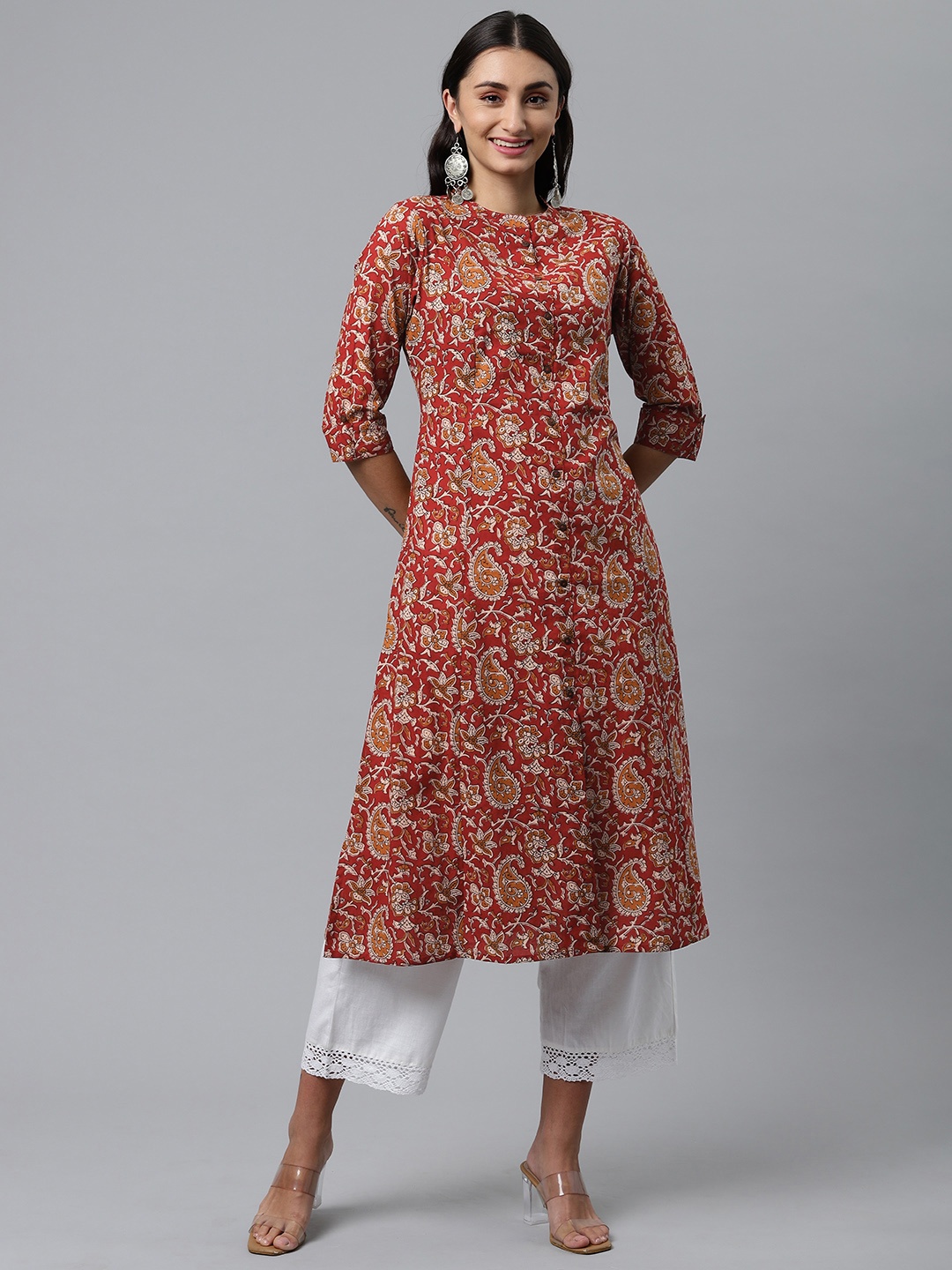

MALHAAR Women Maroon & Beige Paisley Printed Pure Cotton Kurta
