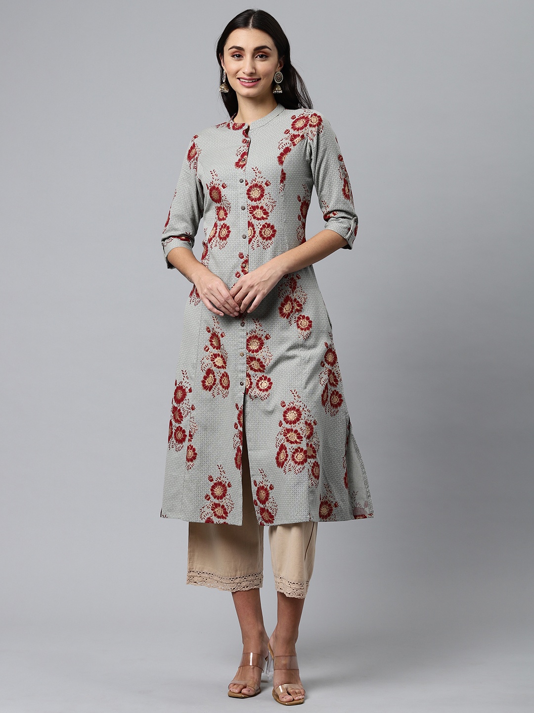 

MALHAAR Women Grey & Red Floral Printed Pure Cotton Kurta