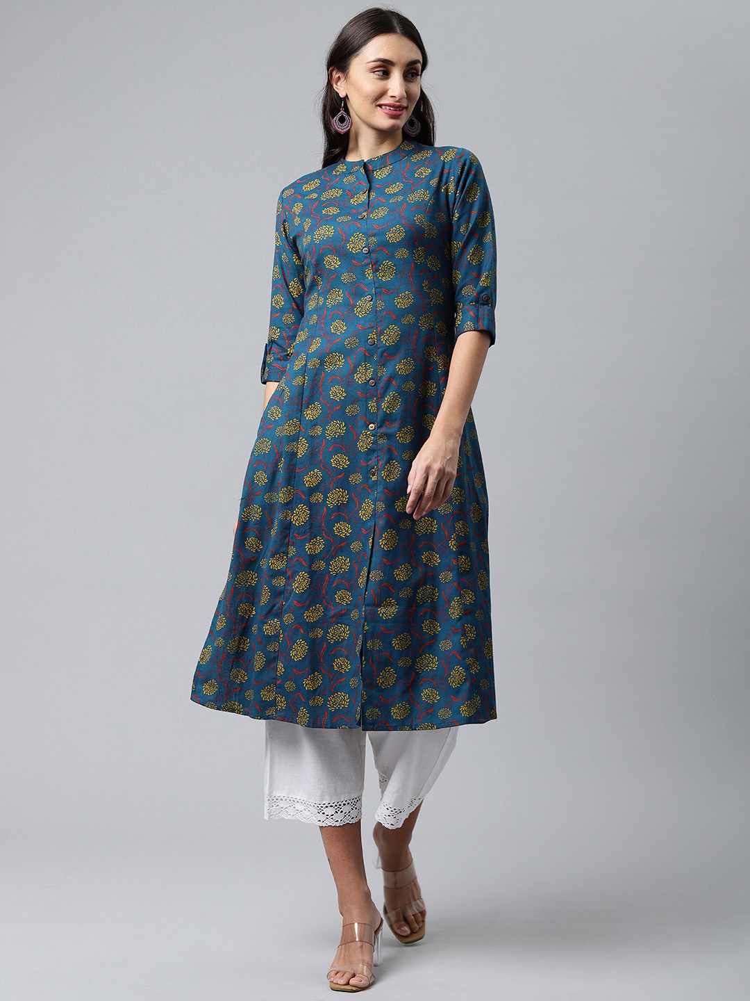 

MALHAAR Women Navy Blue & Yellow Floral Printed Pure Cotton Kurta