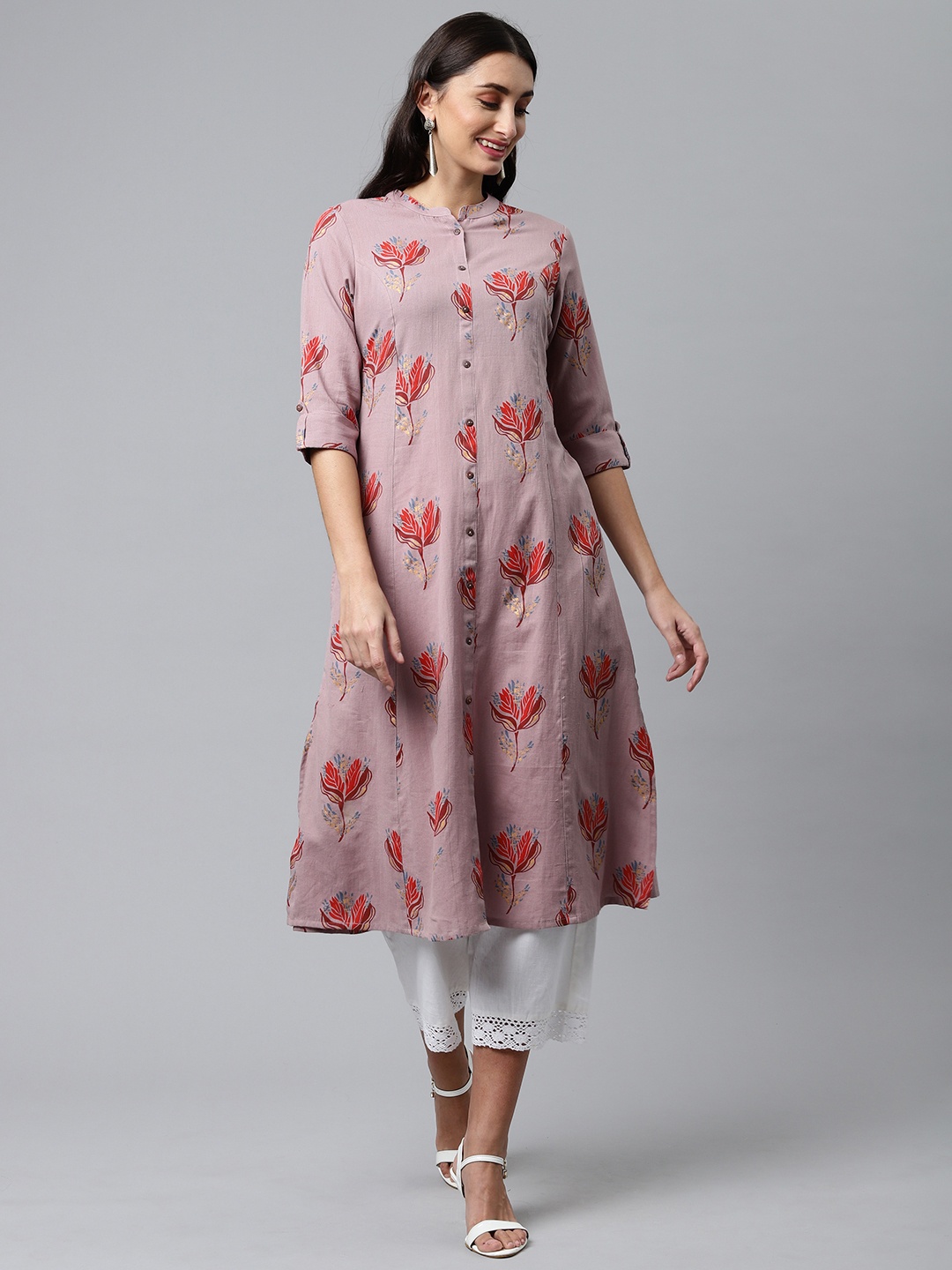 

MALHAAR Women Brown with a tinge of grey Floral Printed Pure Cotton Kurta
