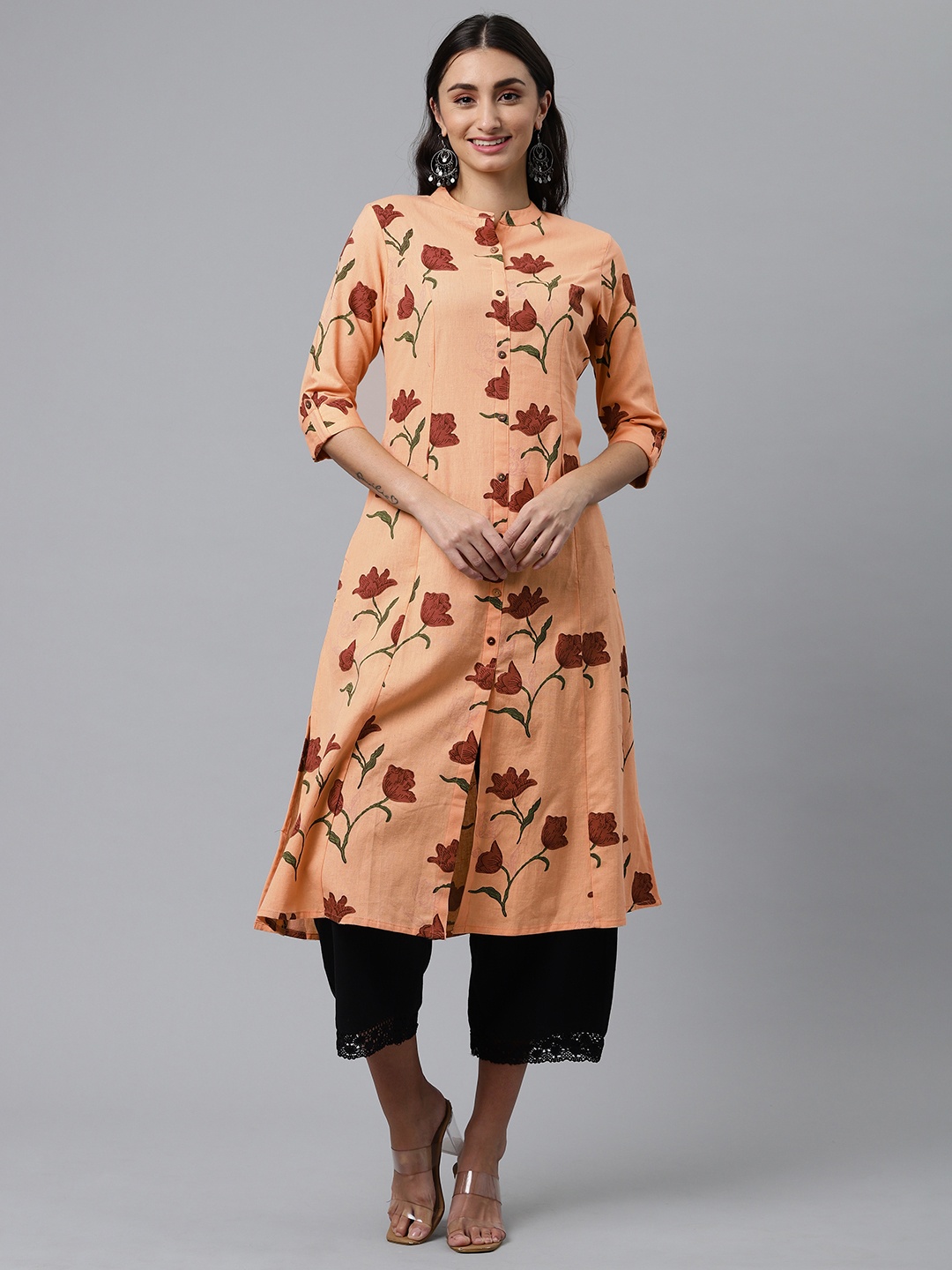 

MALHAAR Women Orange & Brown Floral Printed Pure Cotton Kurta