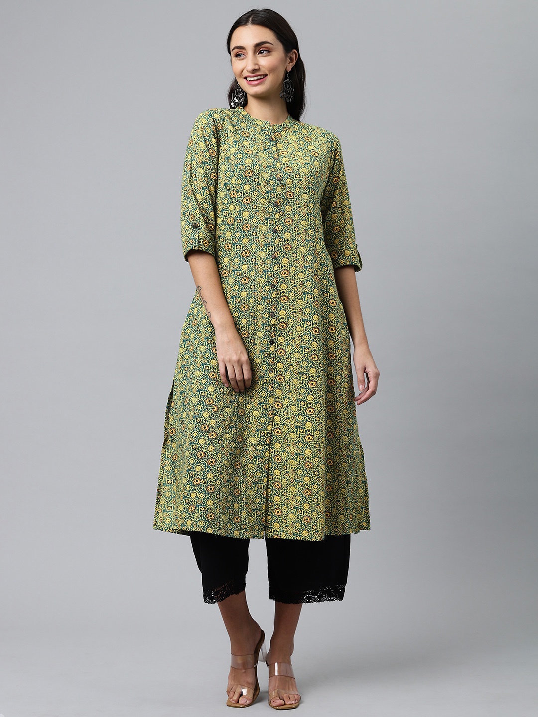 

MALHAAR Women Green & Black Ethnic Motifs Printed Dobby Pure Cotton Kurta
