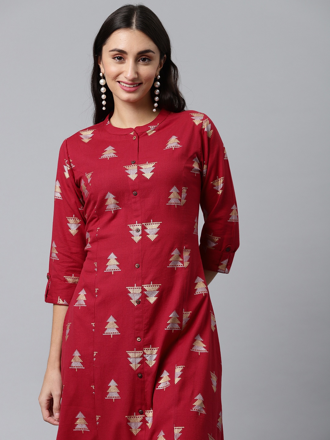 

MALHAAR Women Red & White Floral Printed Pure Cotton Kurta