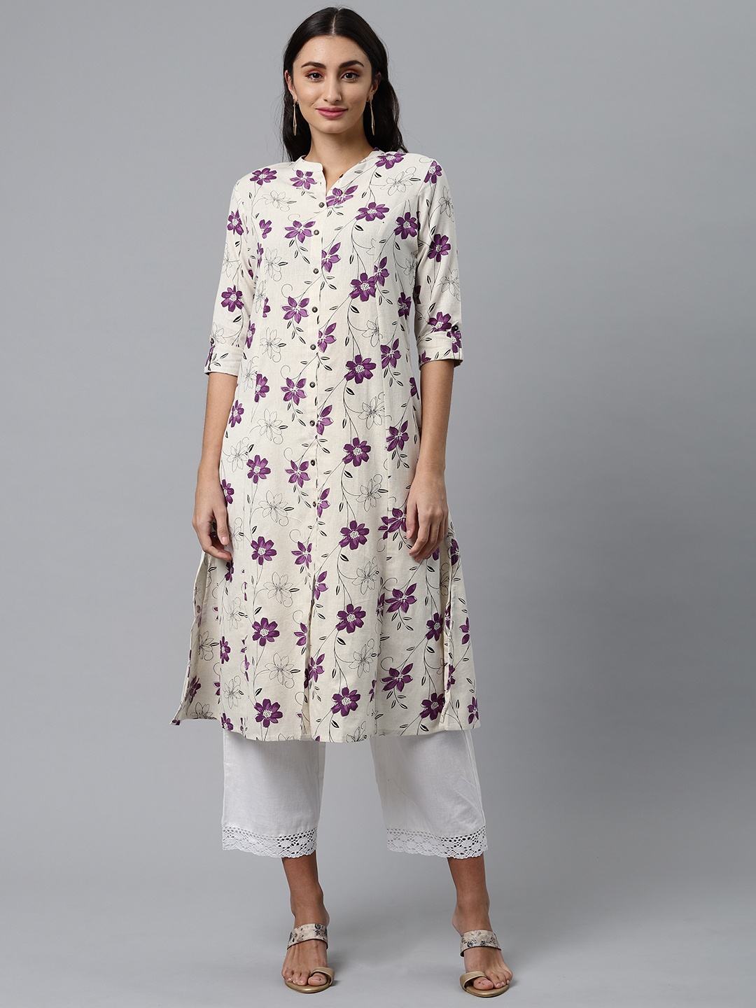 

MALHAAR Women Off White & Purple Floral Printed Pure Cotton Kurta