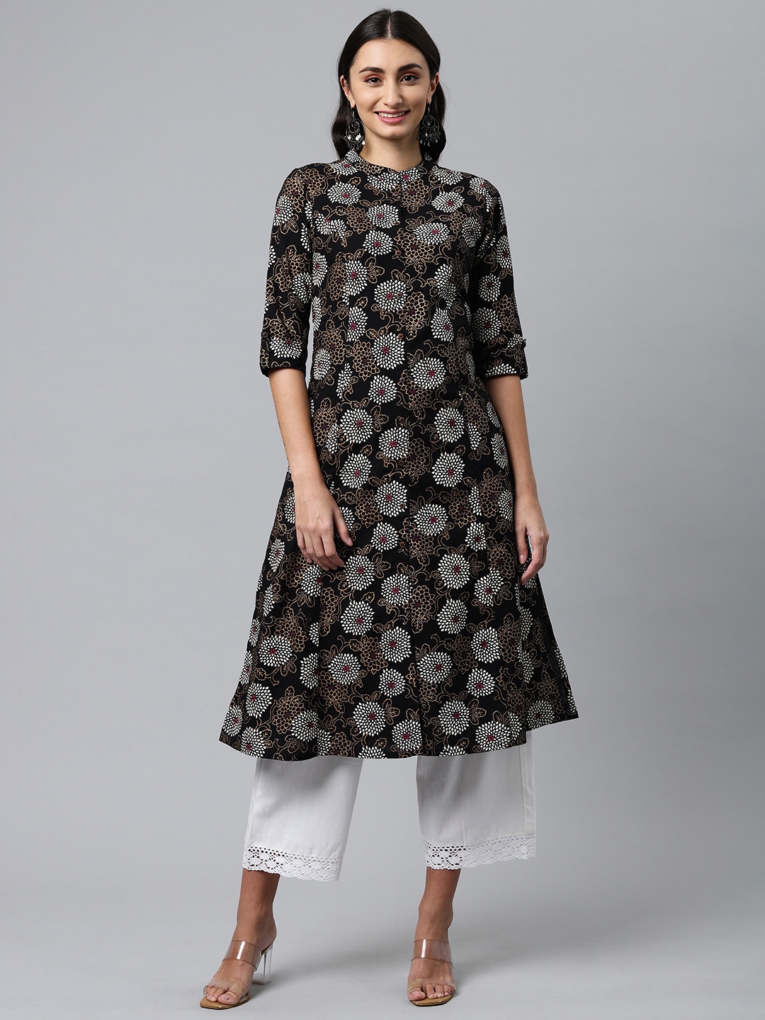 

MALHAAR Women Black & White Floral Printed Pure Cotton Kurta