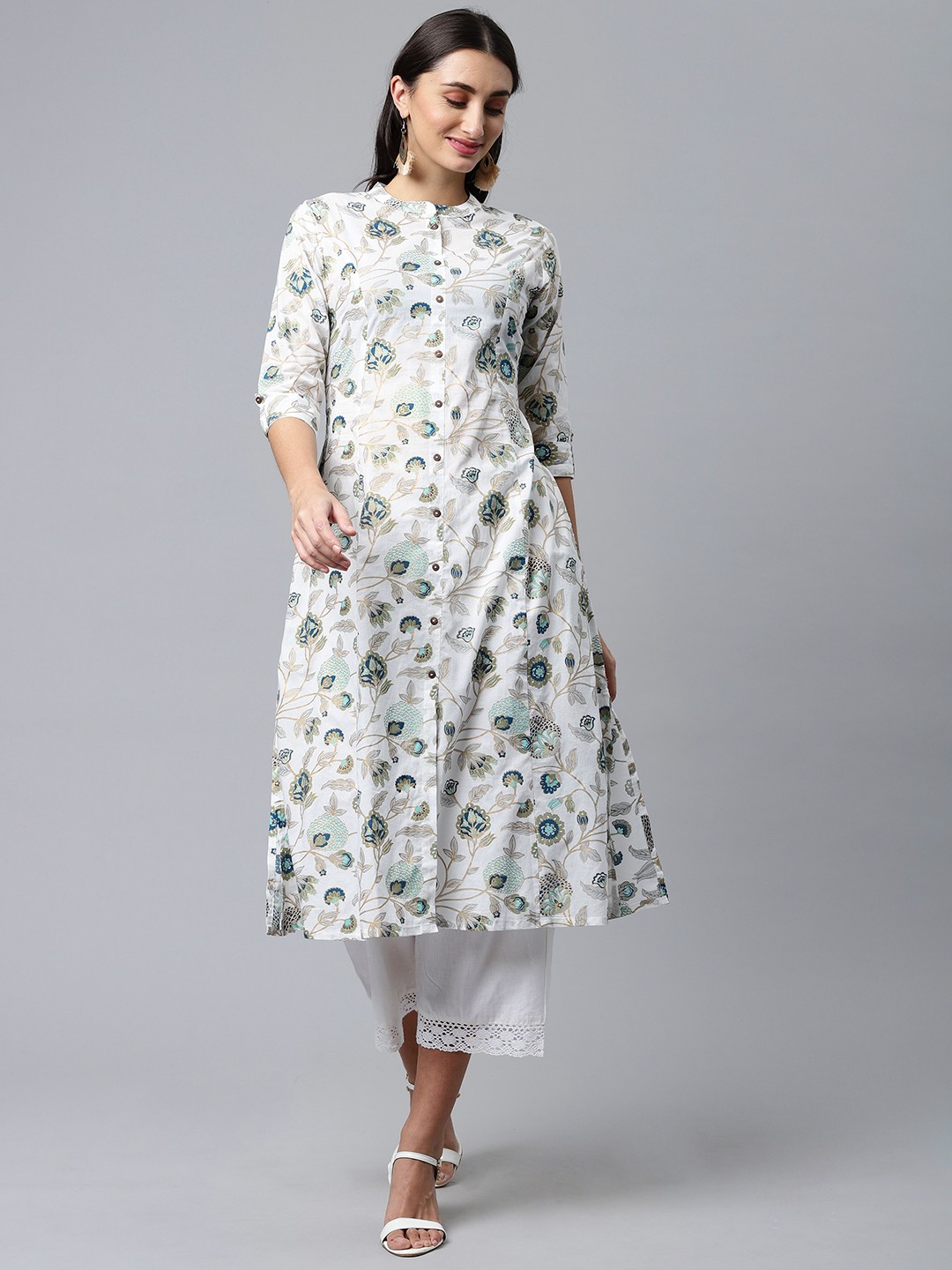 

MALHAAR Women White & Green Floral Printed Pure Cotton Kurta