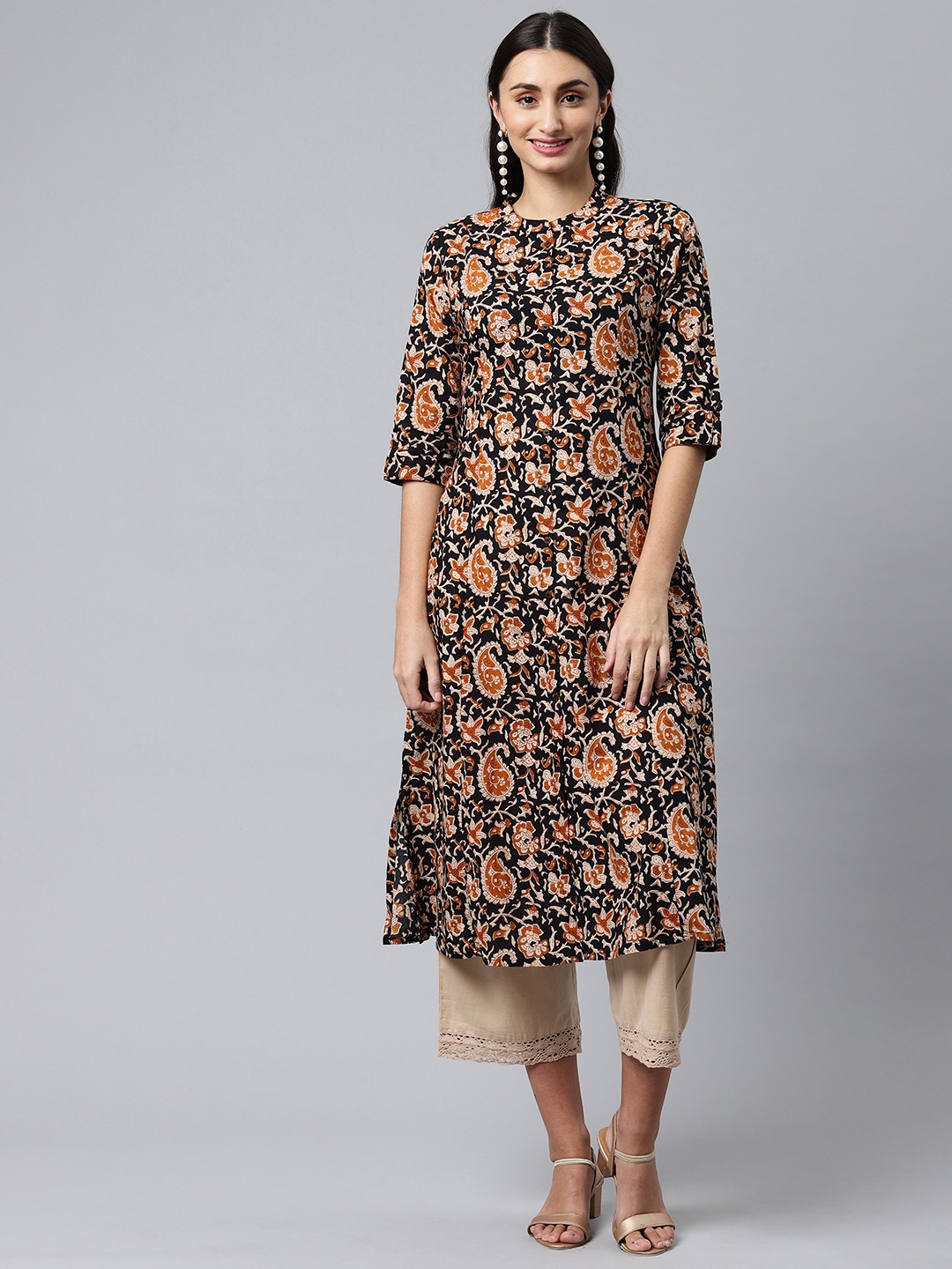 

MALHAAR Women Brown & Black Paisley Printed Pure Cotton Kurta