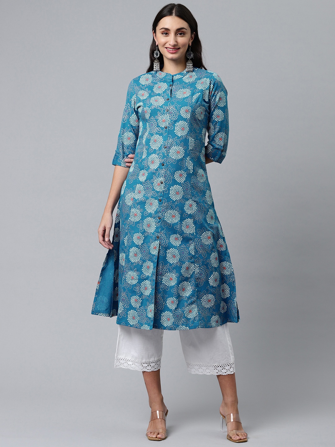 

MALHAAR Women Blue & White Floral Printed Pure Cotton Kurta