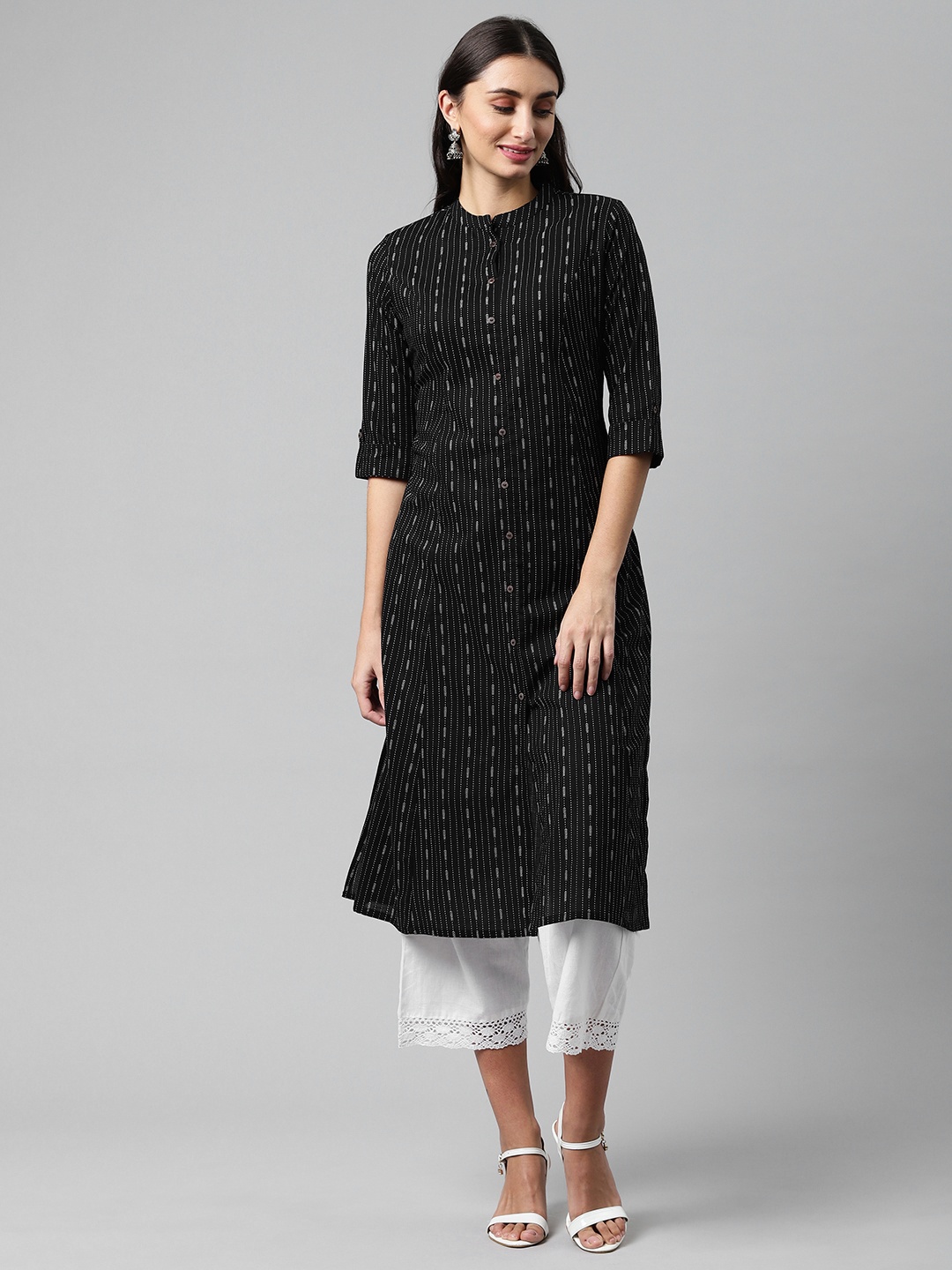

MALHAAR Women Black & White Striped Pure Cotton Kurta
