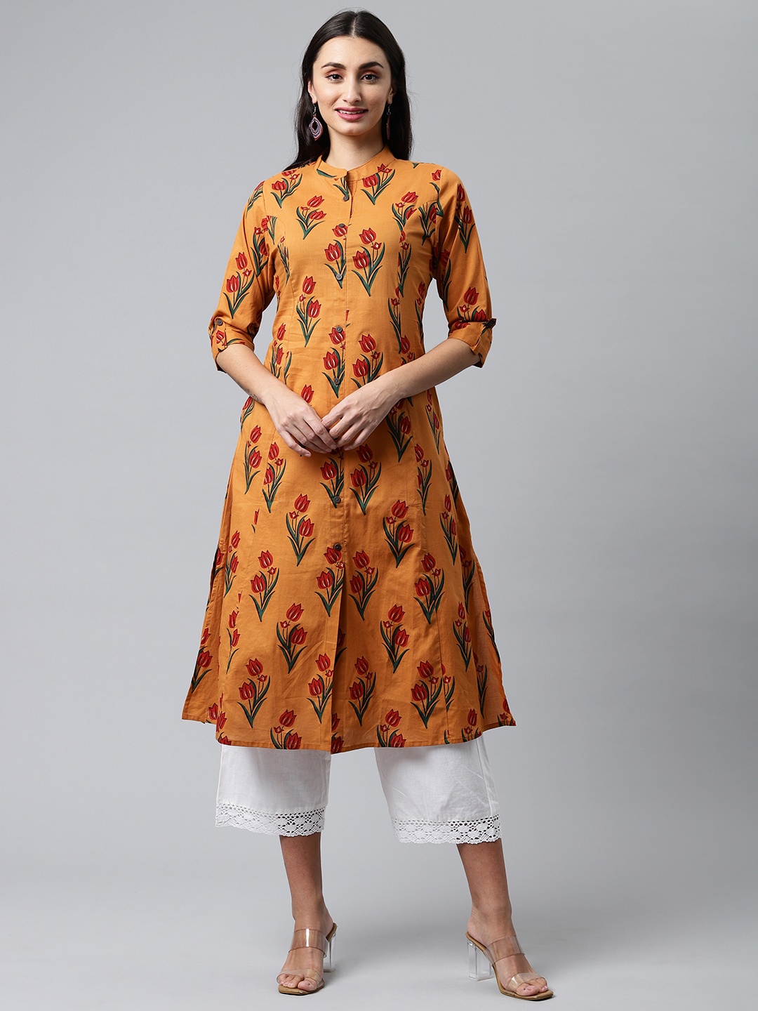 

MALHAAR Women Orange & Green Floral Printed Pure Cotton Kurta