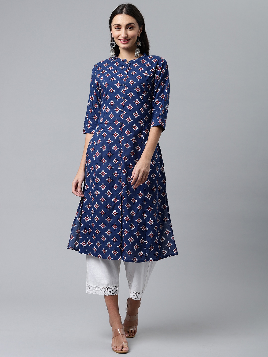 

MALHAAR Women Navy Blue & White Ethnic Motifs Printed Pure Cotton Kurta