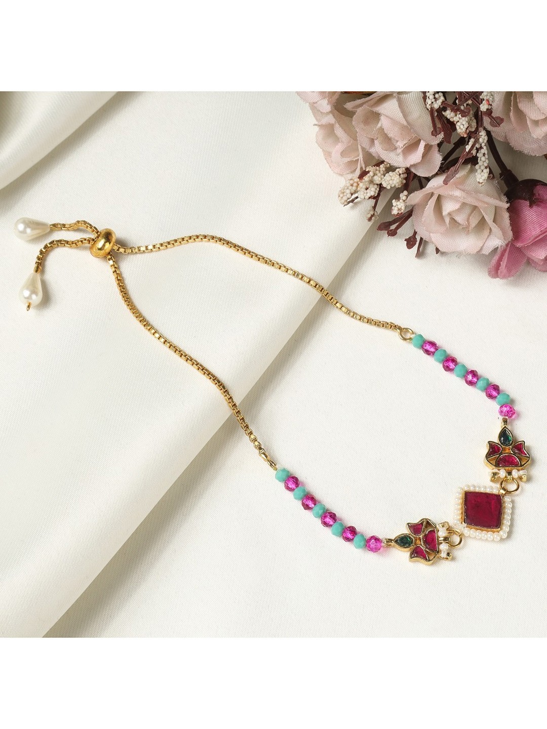 

AURAA TRENDS Pink & Blue Gold-Plated Beaded Rakhi Bracelet