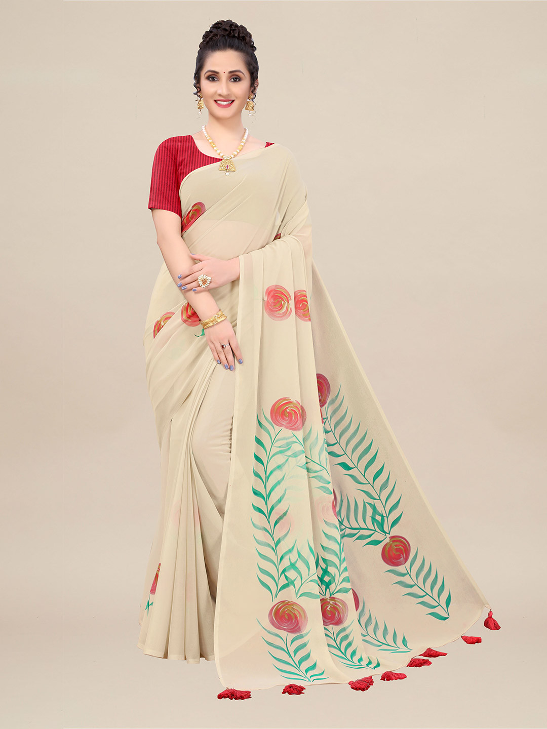 

ZIKARAA Women Beige & Red Floral Pure Georgette Block Print Saree