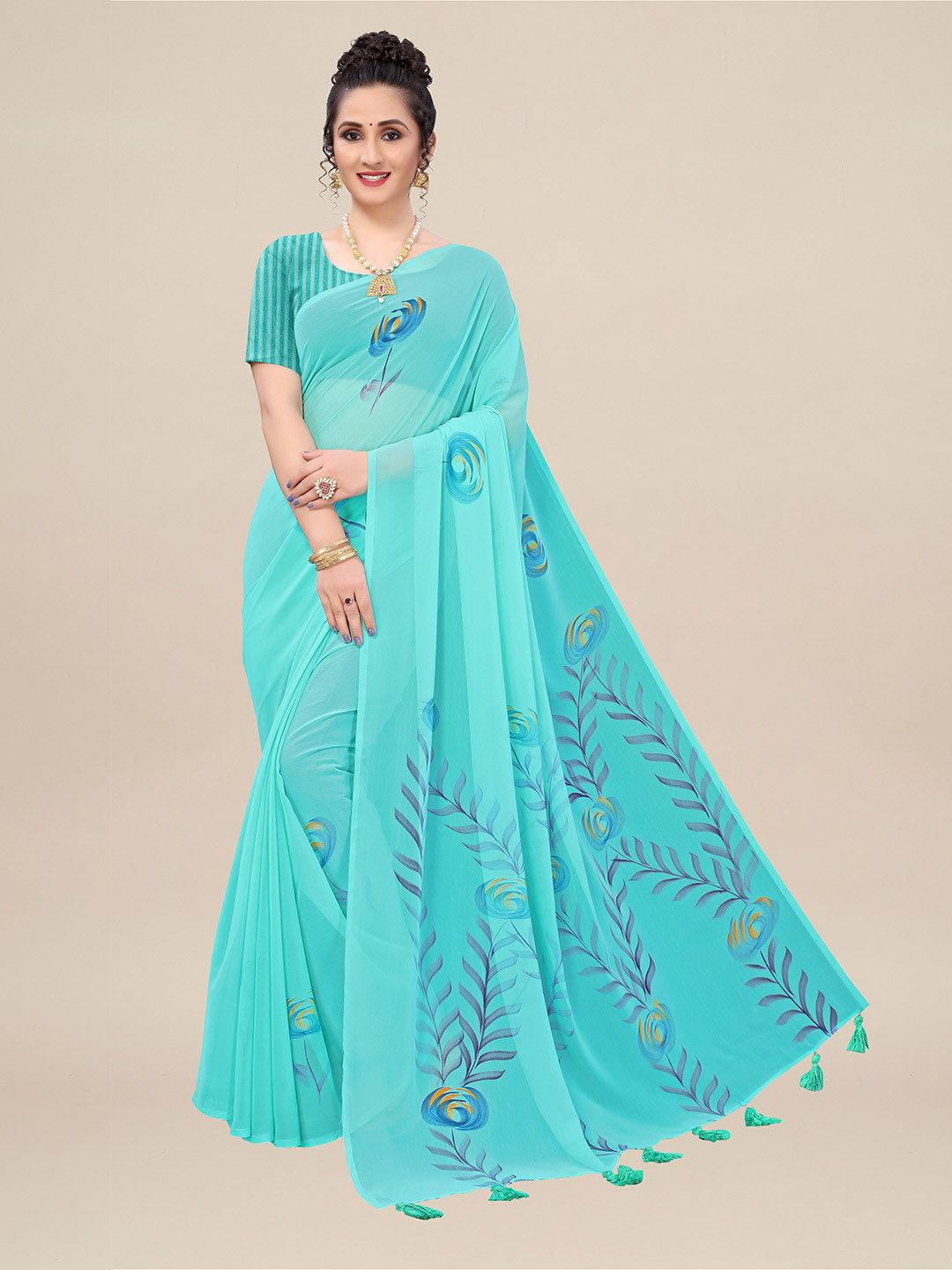 

ZIKARAA Turquoise Blue & Purple Floral Pure Georgette Saree