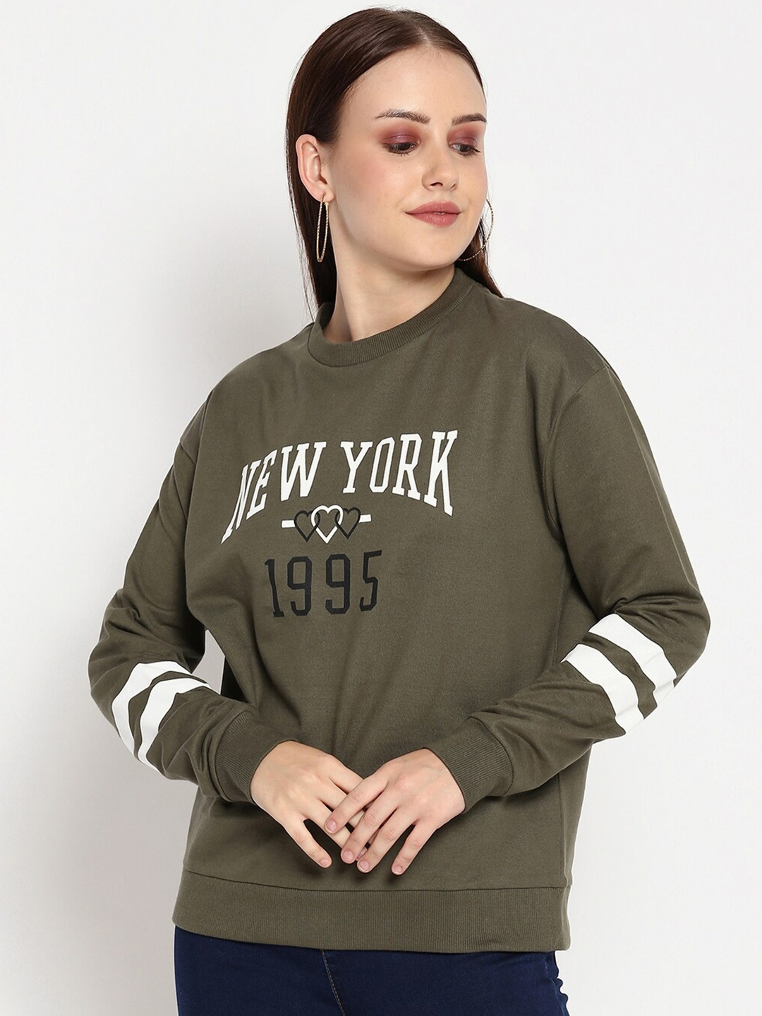 

R&B Women Olive Green Typography Printed Sweatshirt