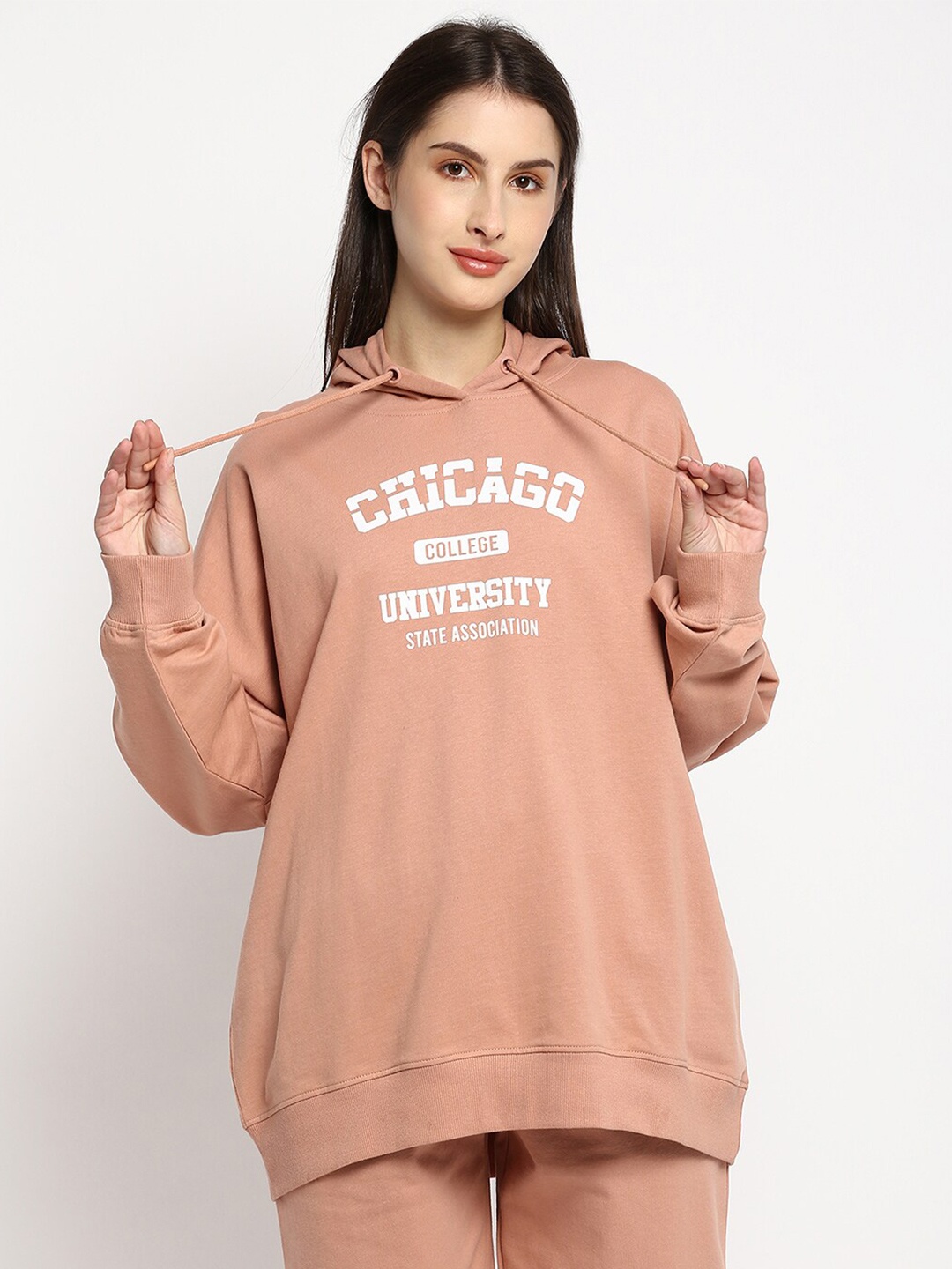 

R&B Women Beige Printed Hooded Sweatshirt