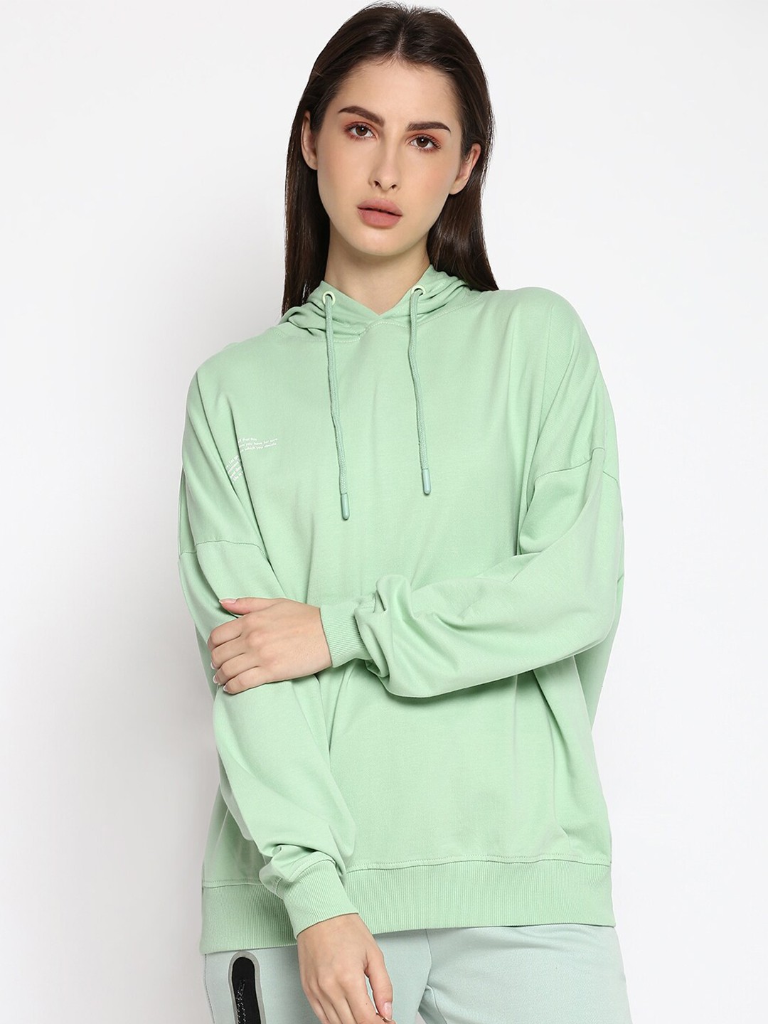 

R&B Women Green Solid Hooded Sweatshirt