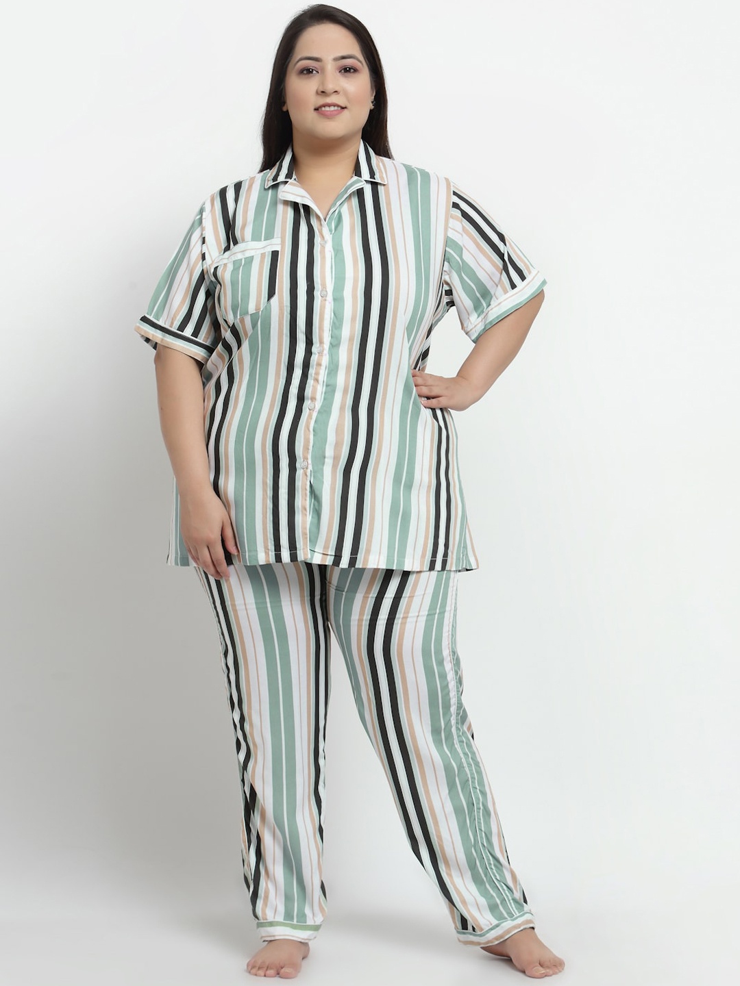 

KLOTTHE Women Off White & Green Printed Cotton Night suit